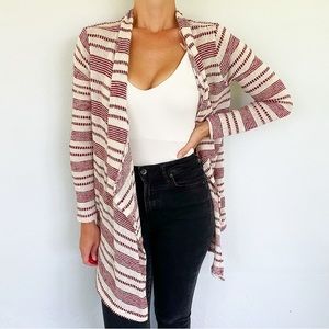 Timing maroon cream tribal stripe long drape waterfall cardigan size medium